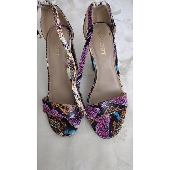 Report Sandals Womens Size 7 Purple Multi Snake Print Block Heel Ankle Strap - Picture 1 of 7